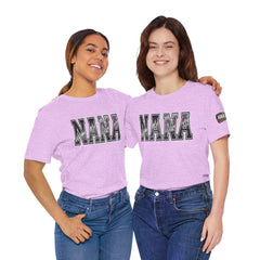 Models wearing black NANA burnout varsity t shirts styled with jeans for racing grandma apparel