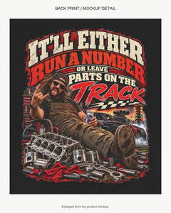 Enlarged mockup detail of the run a number back print, showing its wording and racing illustration.