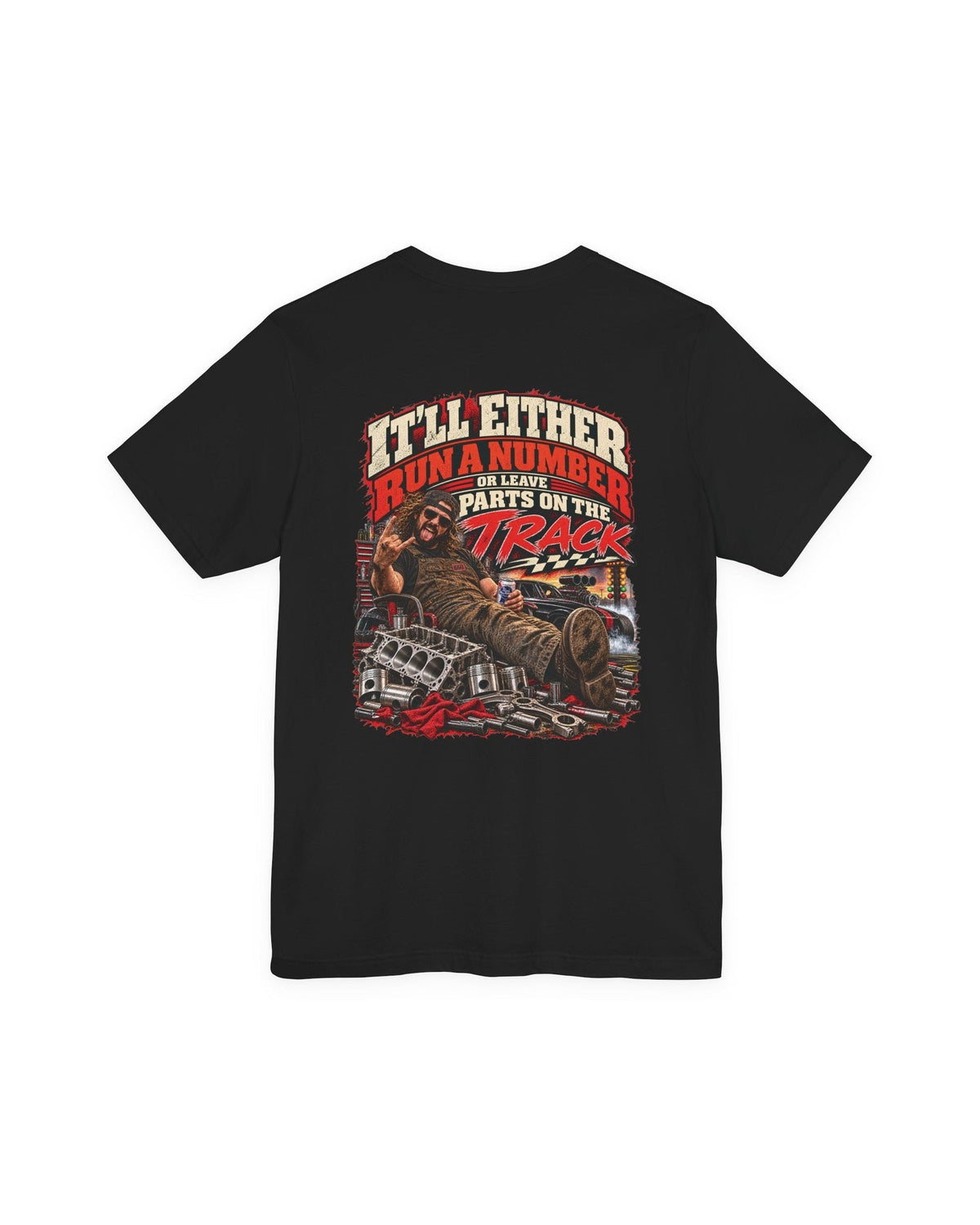 Back of the black run a number drag racing T-shirt showing the complete Racing Wisdom artwork.