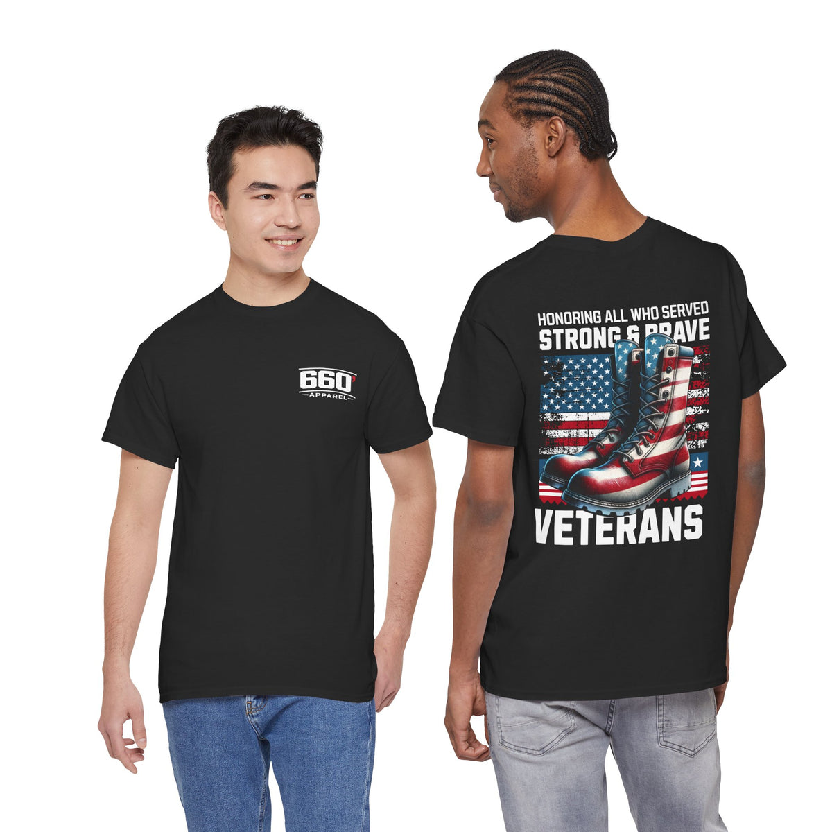 Strong and Brave Veterans patriotic t-shirt with American flag and combat boots design