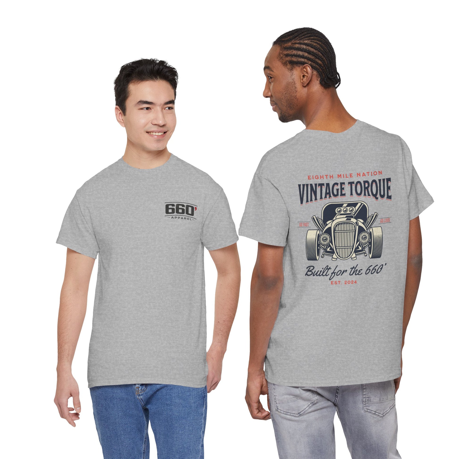 Vintage Torque hot rod drag racing t-shirt built for the 660 by 660 Apparel